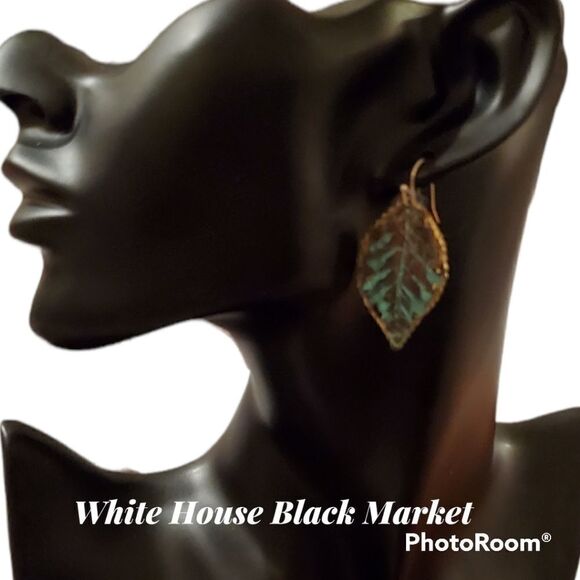 WHITE HOUSE BLACK MARKET PANTINA VERDIGRIS LEAF EARRINGS - Picture 1 of 8